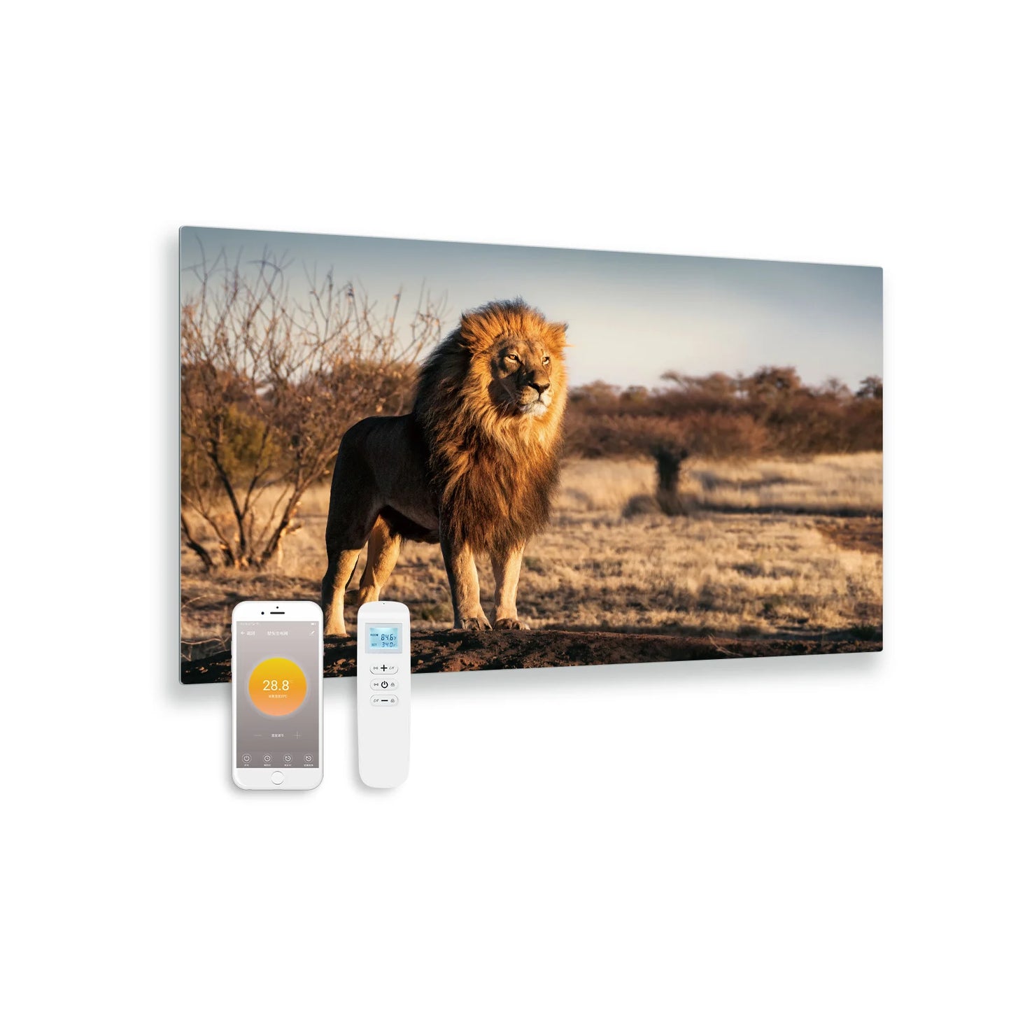 Printed glass infrared panel with Wi-Fi and remote control, Lion design, 100x59 cm, 580 Watts