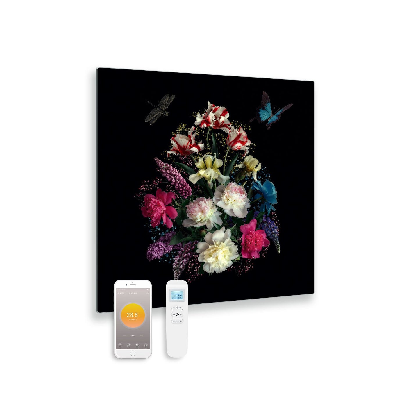Panneau infrarouge en verre imprimé avec Wi-Fi et télécommande bouquet 79x59 450Watt