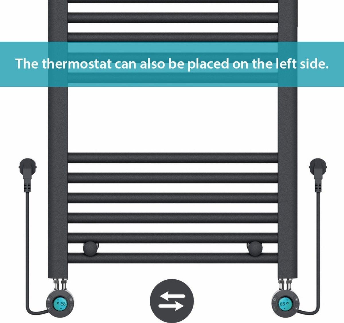 Radiateur √âlectrique pour Serviettes avec Thermostat Numérique - Radiateur de Salle de Bain - 1200 √ó 500 mm - Noir Mat - 500 Watt