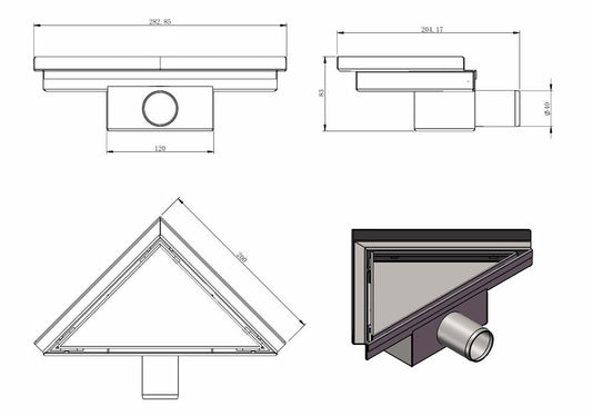 Scarico doccia angolare 20 x 28 x 8 cm in acciaio inox