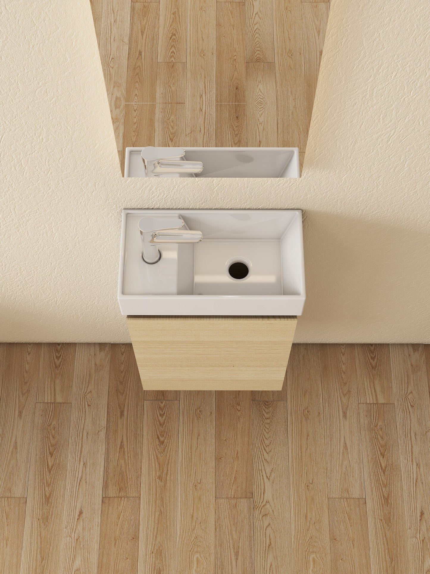 Nurion Meuble de salle de bains Mees - lavabo blanc brillant et armoire en bois clair - 41 x 22,5 x 65 cm