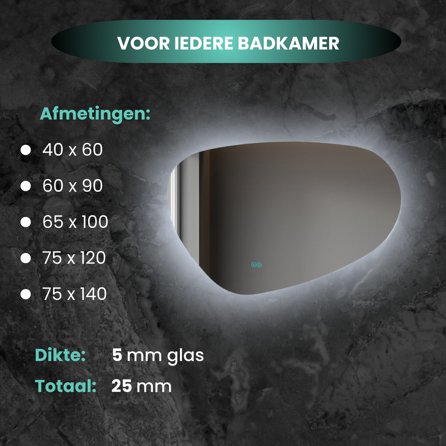 Miroir asymétrique organique avec éclairage LED et anti-condensation 60 cm de large et 40 cm de haut
