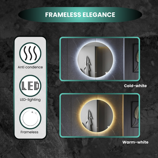 Miroir rond 120 cm sans cadre, éclairage LED périphérique et anti-buée