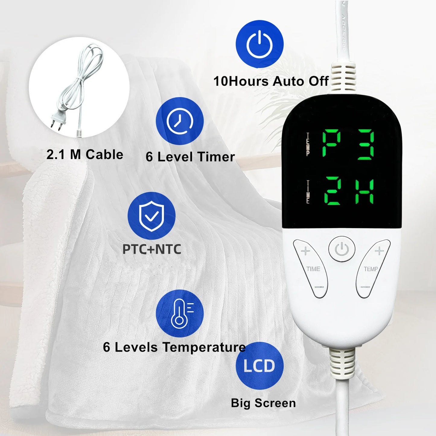 Couverture électrique - Couverture chauffante - 1 personne - 180x150 cm - Polaire - Gris