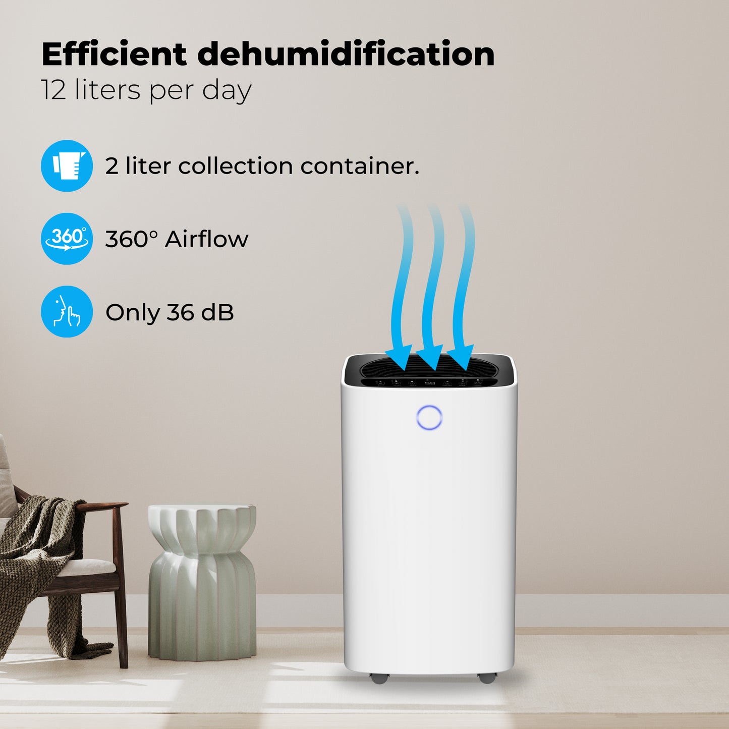 Déshumidificateur compact 12 Litres Wifi avec filtre à carbone
