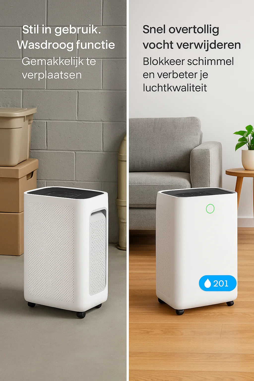 Slimme luchtontvochtiger compact 20 Liter Wifi met carbon filter