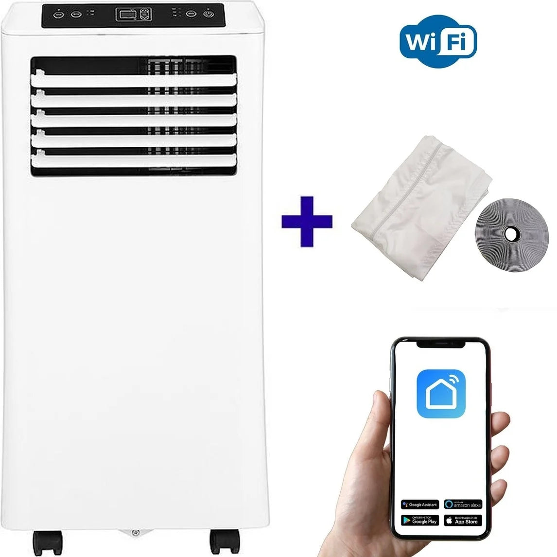 Climatiseur mobile Wi‑Fi : déshumidifie et ventile avec kit d'étanchéité pour fenêtre et purificateur d'air 7000 BTU