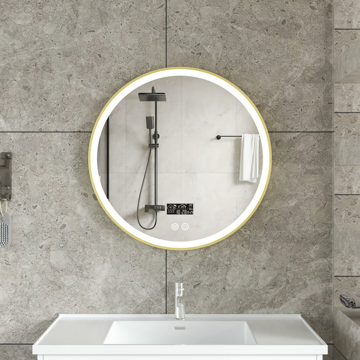 Seconde chance - Miroir intelligent rond 60 cm cadre doré avec éclairage LED, anti-buée et Wi-Fi - Par défaut