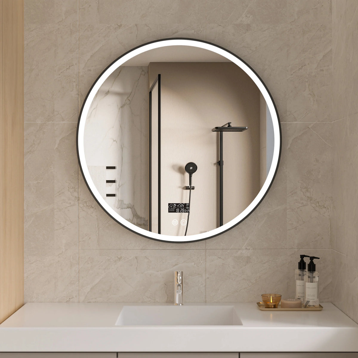 Seconde chance - Miroir intelligent rond 80 cm cadre noir avec éclairage LED, anti-buée et Wi-Fi - Par défaut