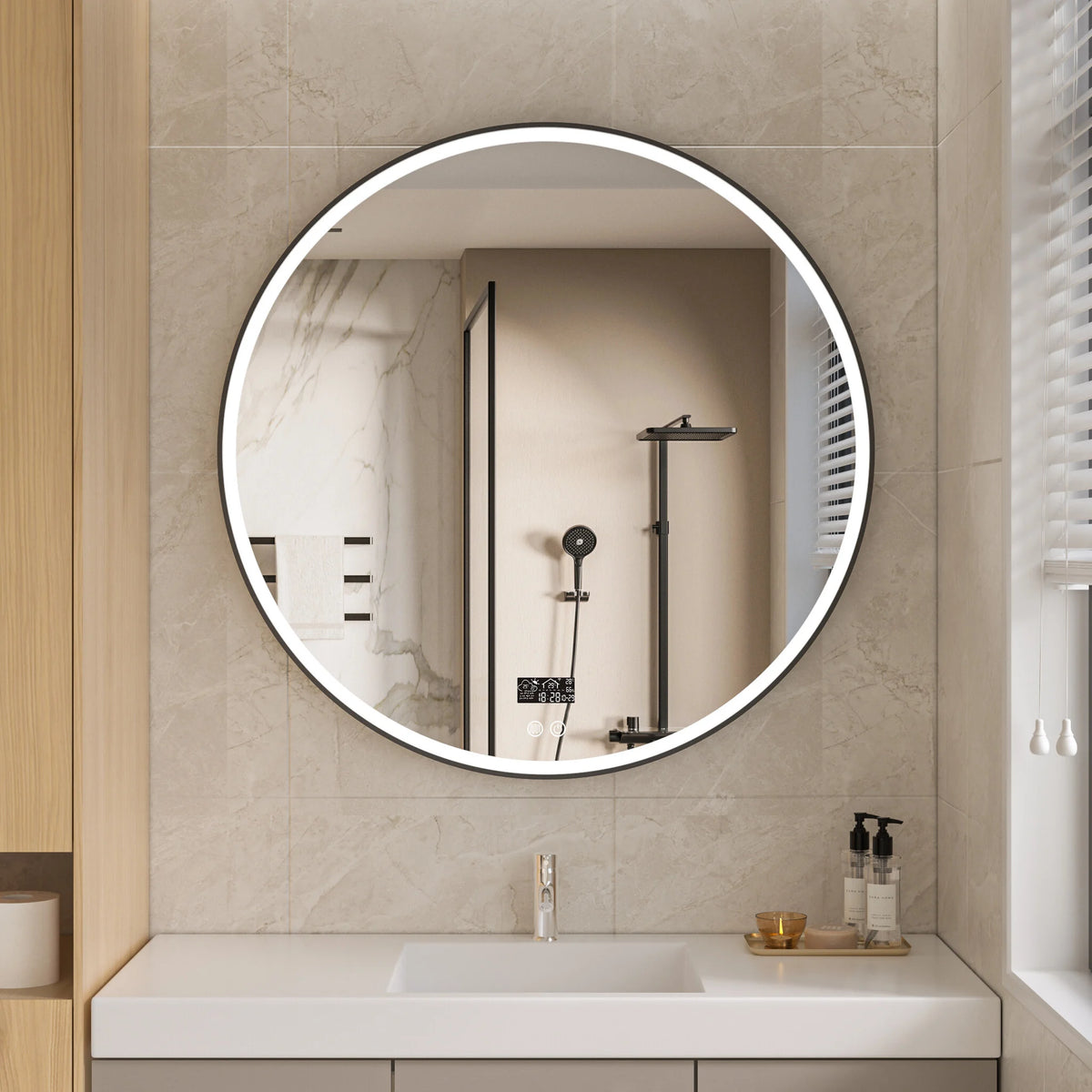 Seconde chance - Miroir intelligent rond 100cm cadre noir avec éclairage LED, anti-buée et Wi-Fi - Par défaut