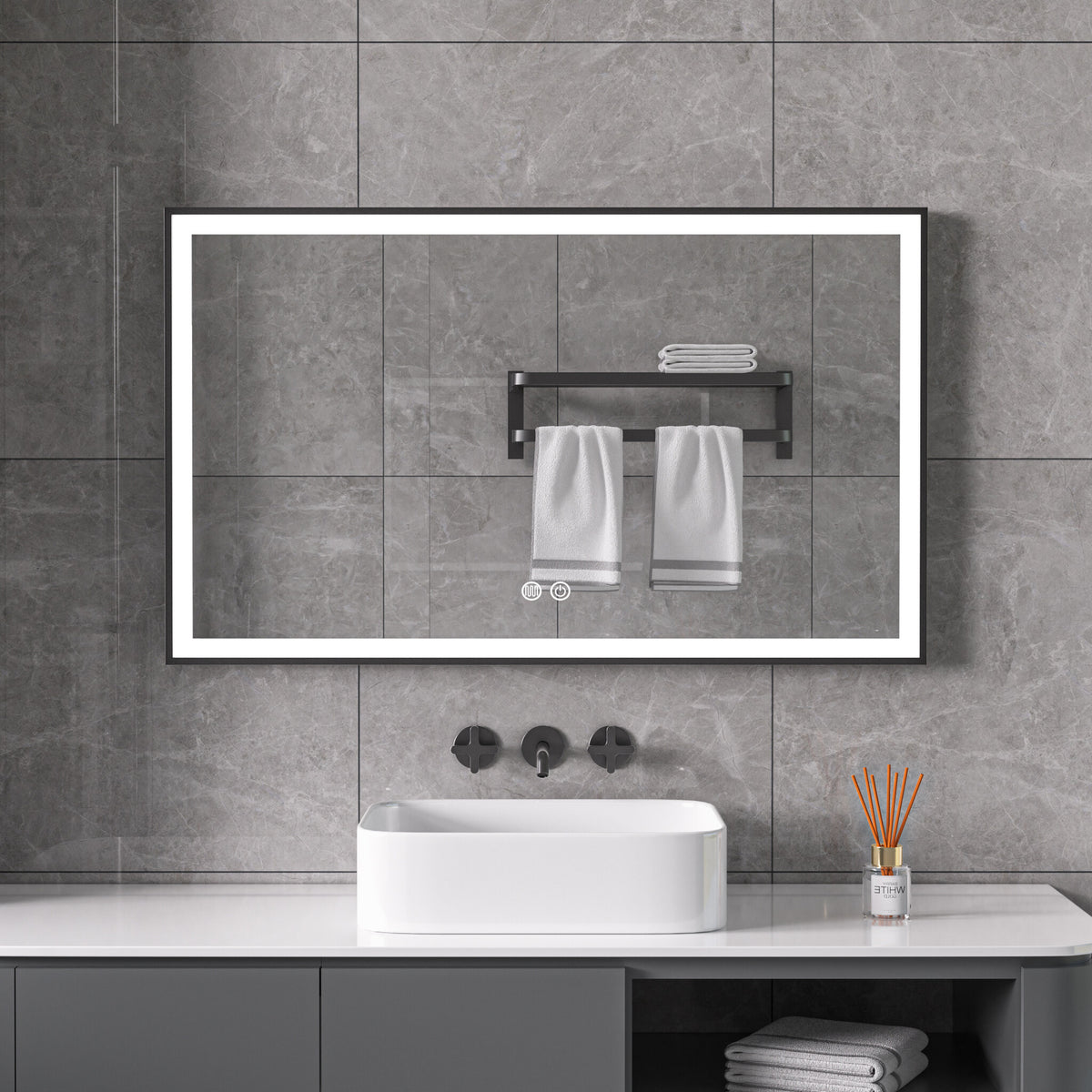 Seconde chance - Miroir avec cadre noir, LED, anti-buée 60 x 100 cm - Par défaut