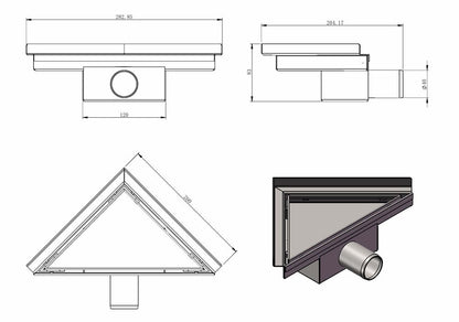 Caniveau de douche d'angle 20 x 28 x 8 cm en acier inoxydable