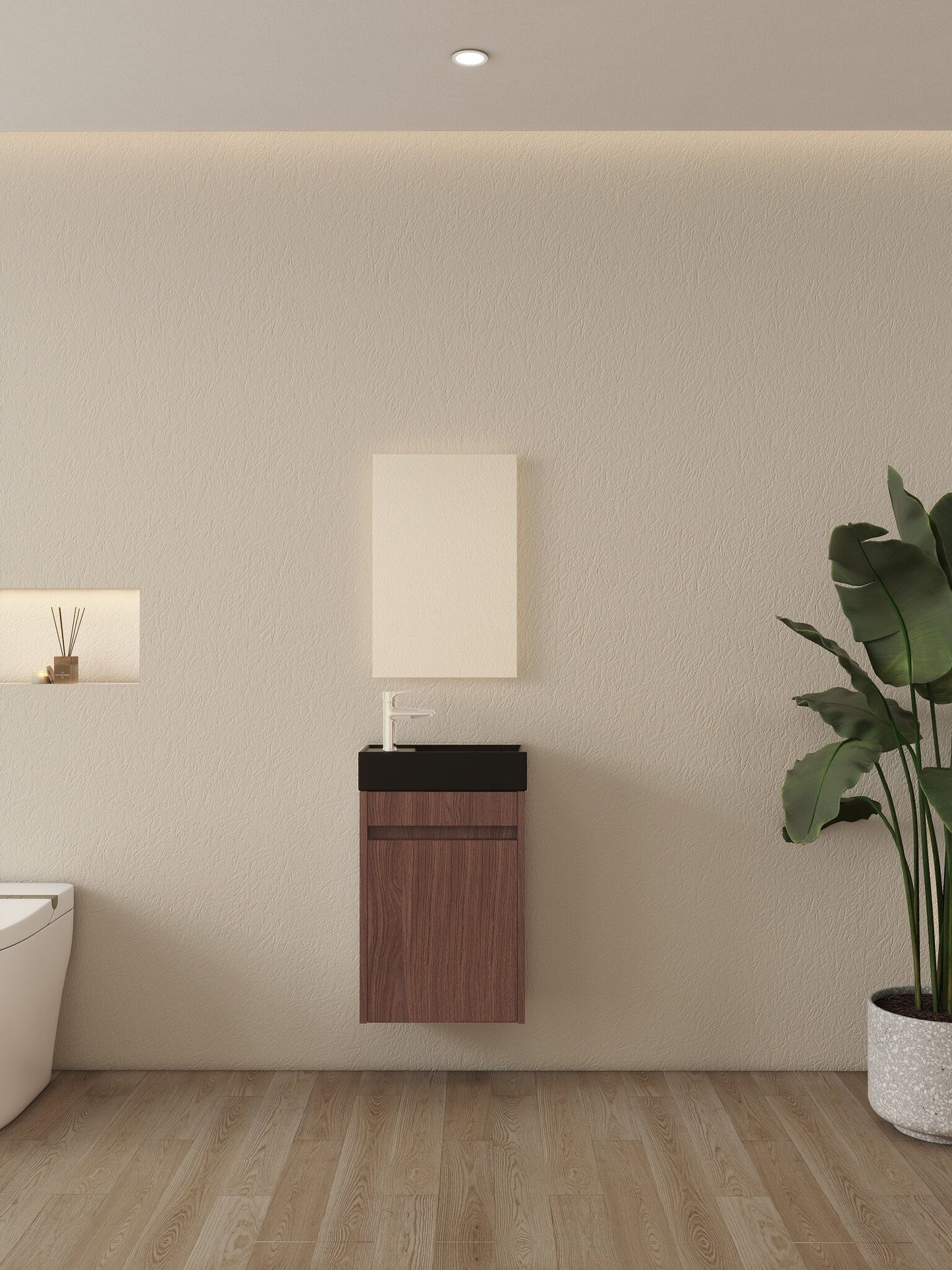 Nurion Meuble de salle de bain Emma - lavabo noir mat et armoire en noyer - 41 x 22,5 x 65 cm