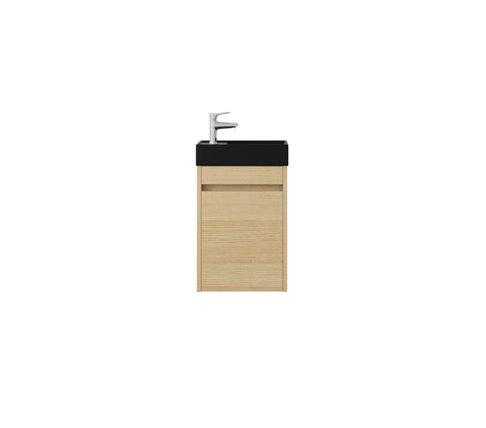 Nurion Meuble de toilette Sam - lavabo noir mat et armoire en bois clair - 41 x 22,5 x 65 cm
