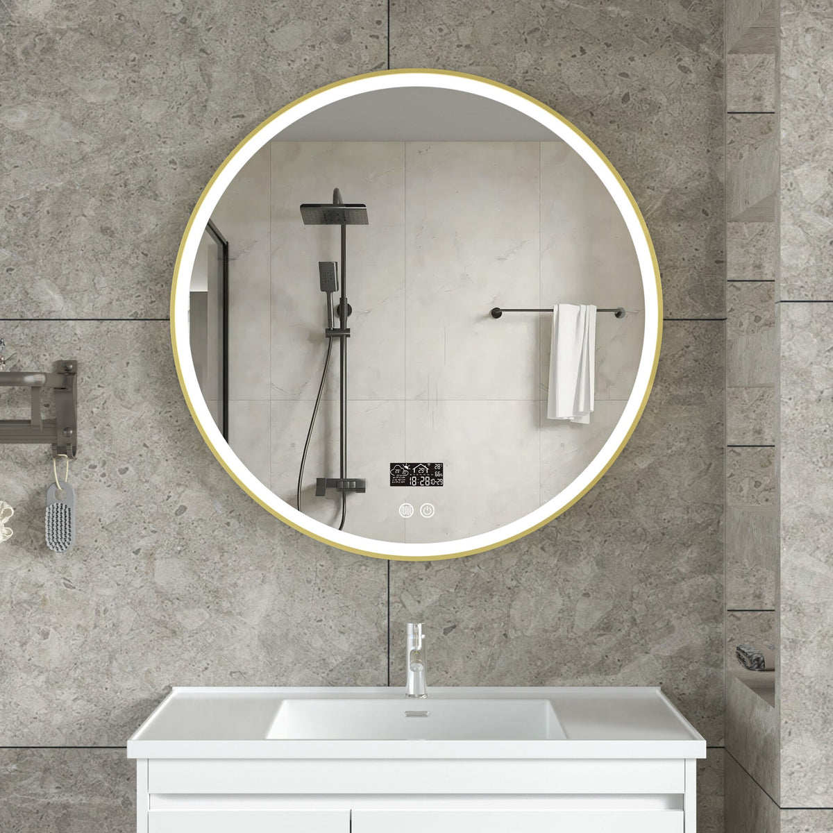 Miroir intelligent rond 80 cm cadre doré avec éclairage LED, anti-buée et Wi‑Fi