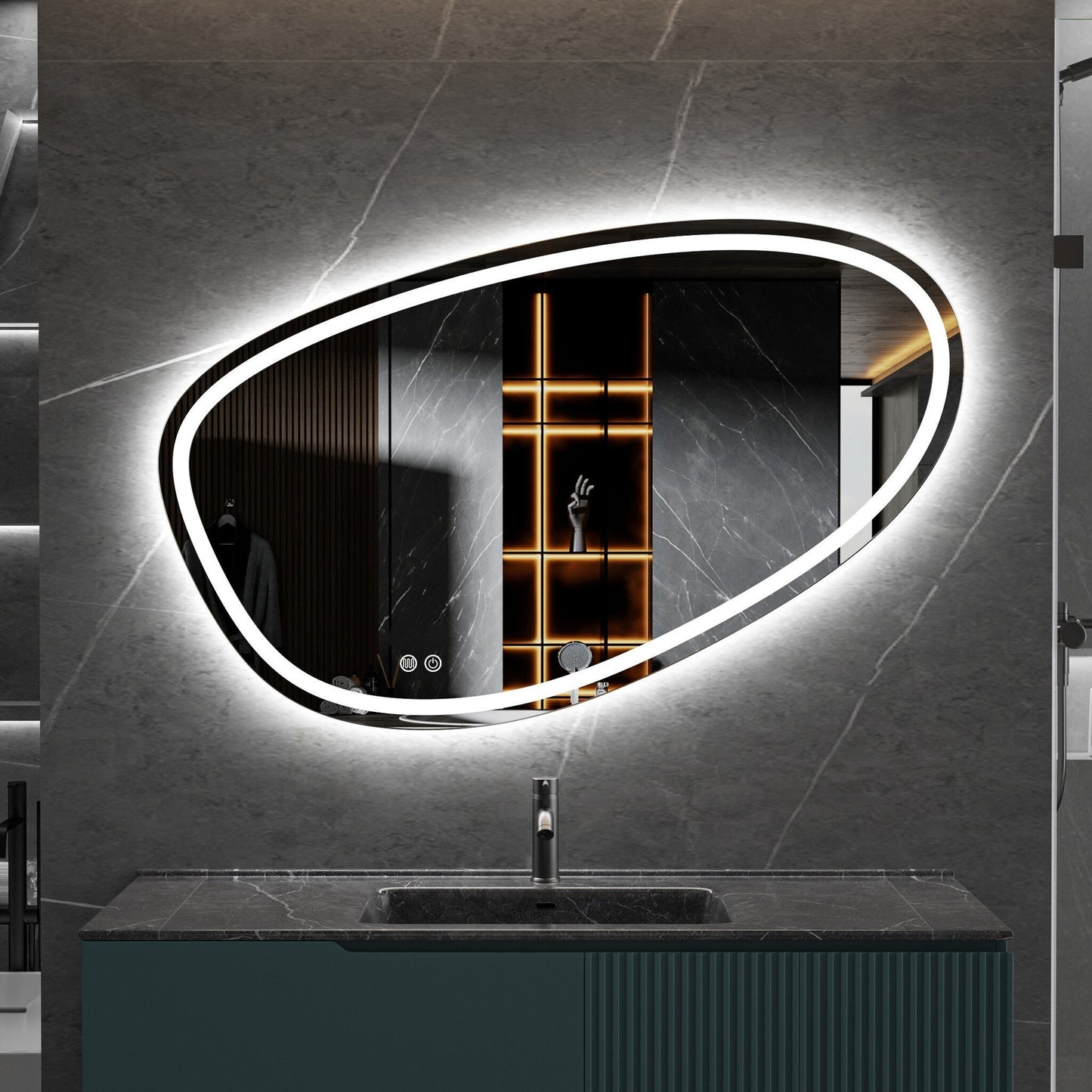 Miroir asymétrique avec éclairage LED encastré et anti-condensation 120cm de large et 75cm de haut