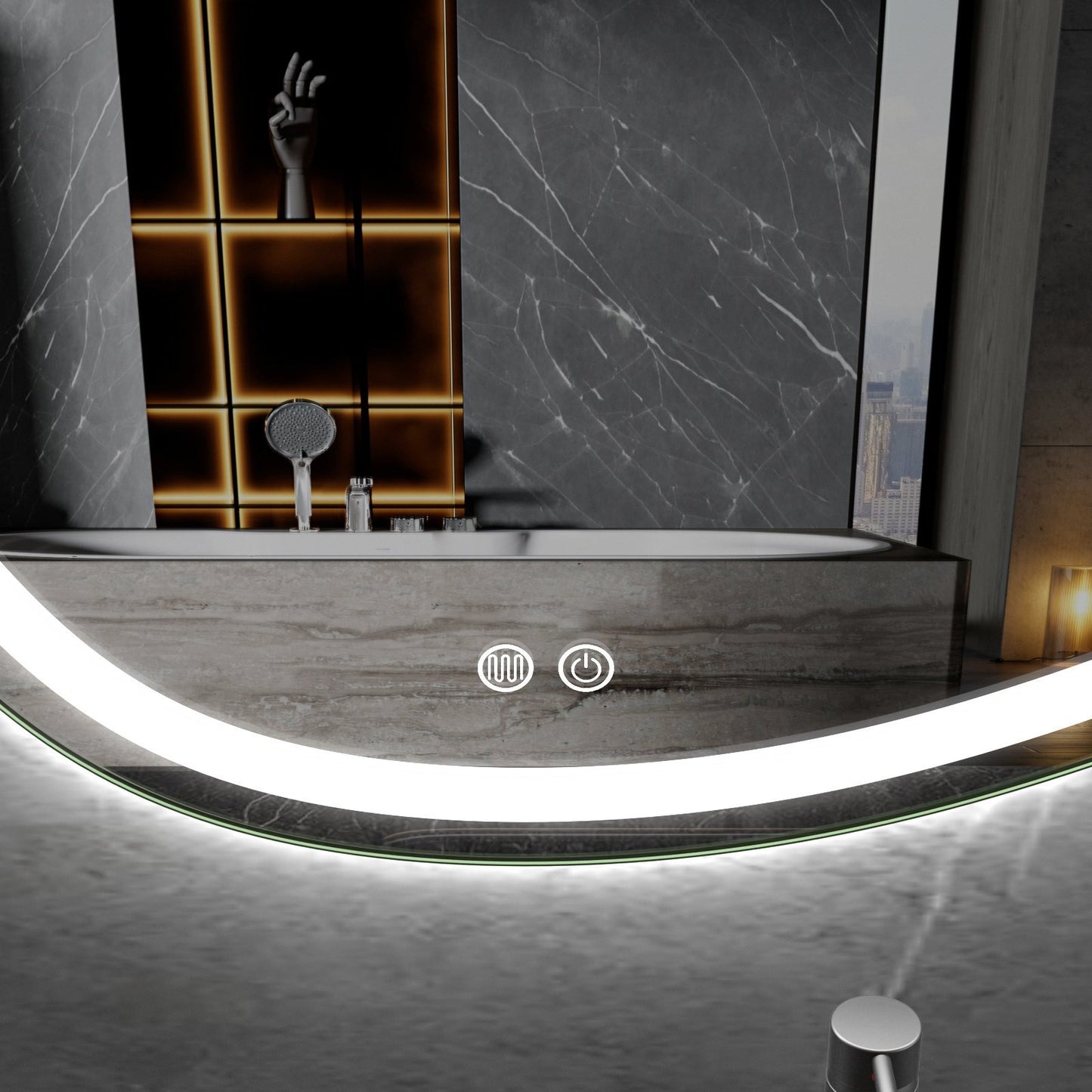 Miroir asymétrique avec éclairage LED encastré et anti-condensation 120cm de large et 75cm de haut