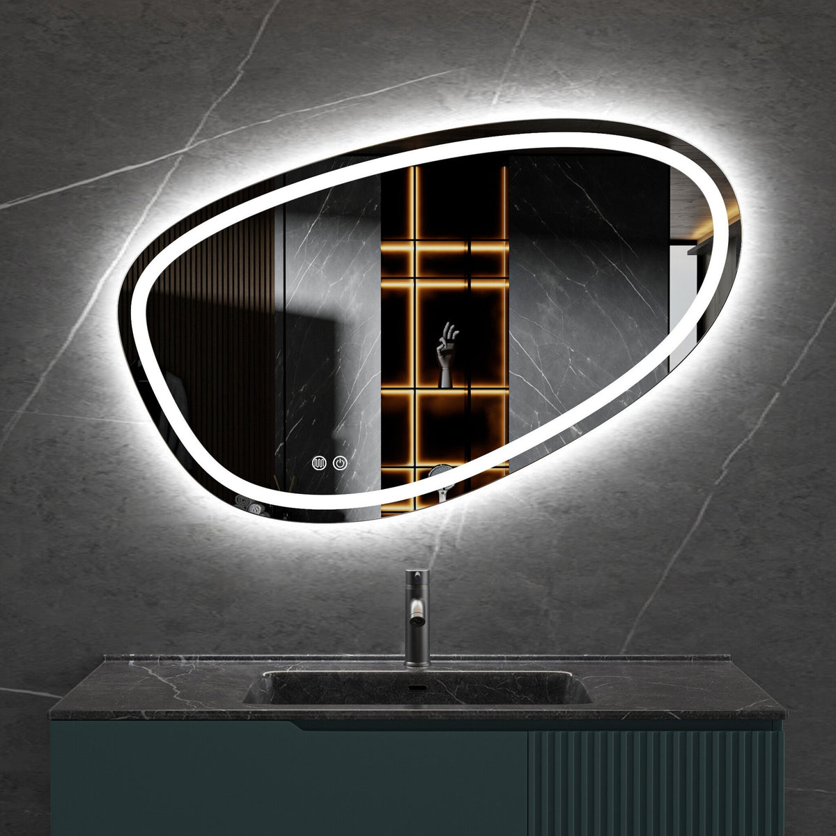 Miroir asymétrique avec éclairage LED encastré et anti-condensation 120cm de large et 75cm de haut