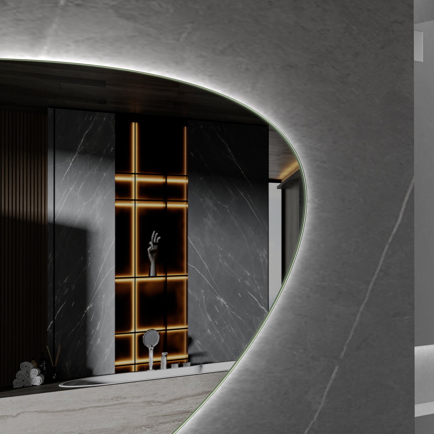 Miroir asymétrique à forme organique, éclairage LED et chauffage anti-buée 140 cm de large et 75 cm de haut