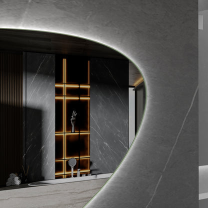 Miroir asymétrique à forme organique, éclairage LED et chauffage anti-buée 140 cm de large et 75 cm de haut