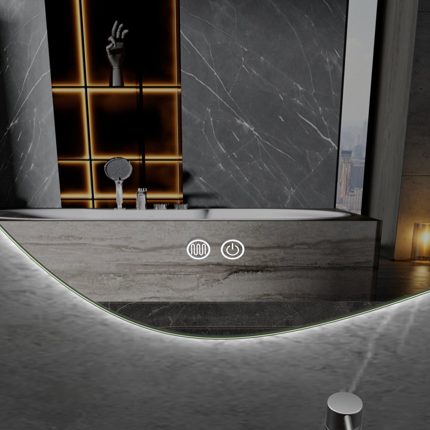 Miroir asymétrique à forme organique, éclairage LED et chauffage anti-buée 140 cm de large et 75 cm de haut