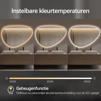 Spiegel asymmetrisch organische led verlichting en anti-condens 140 cm breed en 75 cm hoog