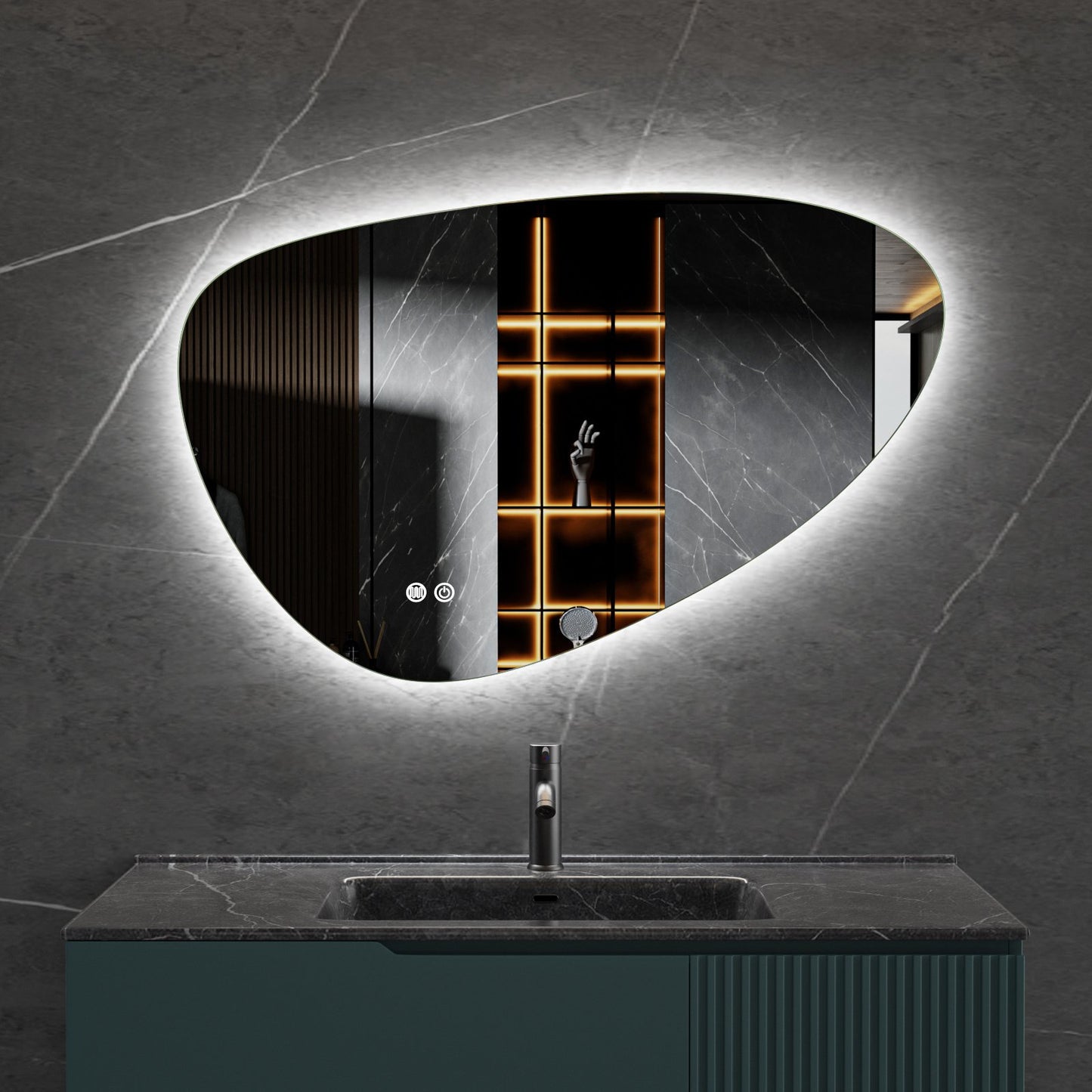 Miroir asymétrique à forme organique, éclairage LED et chauffage anti-buée 140 cm de large et 75 cm de haut
