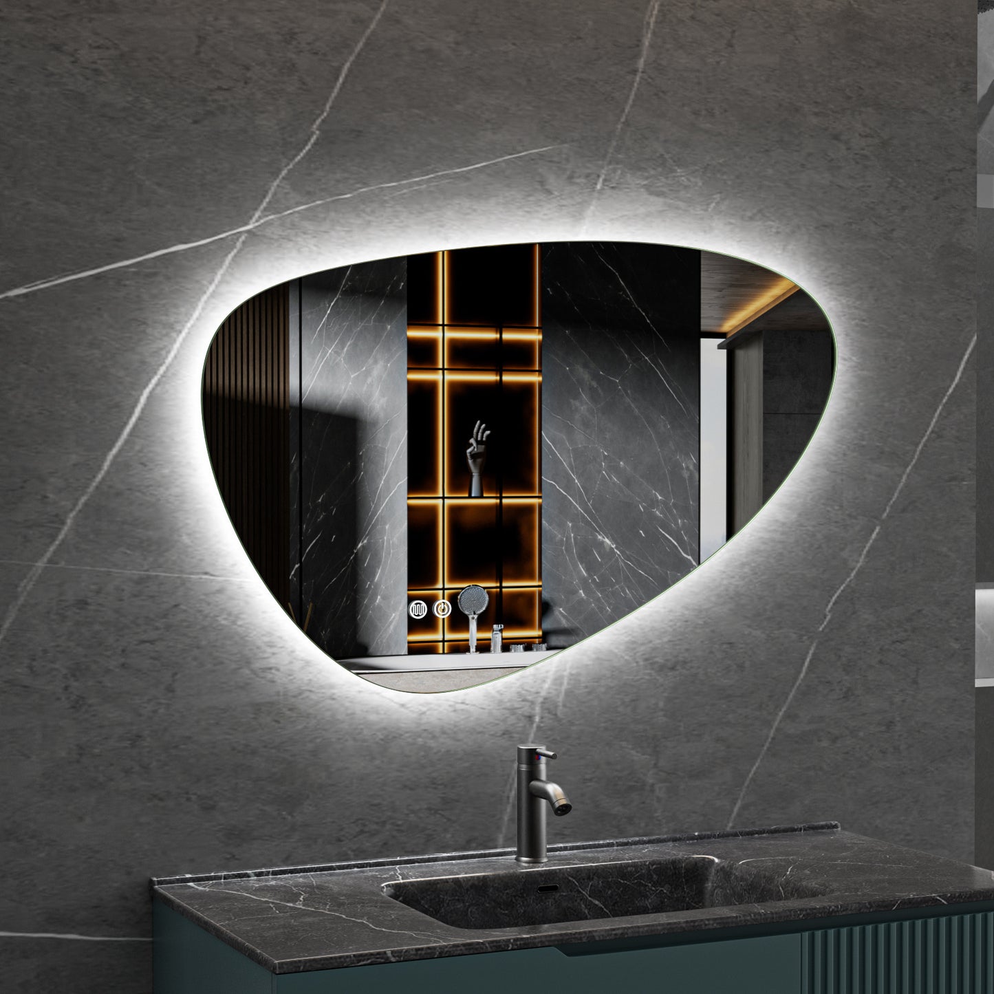 Miroir asymétrique à forme organique, éclairage LED et chauffage anti-buée 140 cm de large et 75 cm de haut
