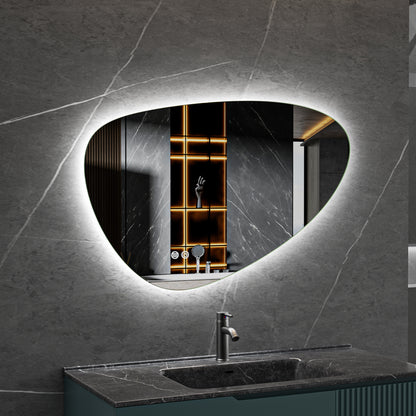 Miroir asymétrique à forme organique, éclairage LED et chauffage anti-buée 140 cm de large et 75 cm de haut