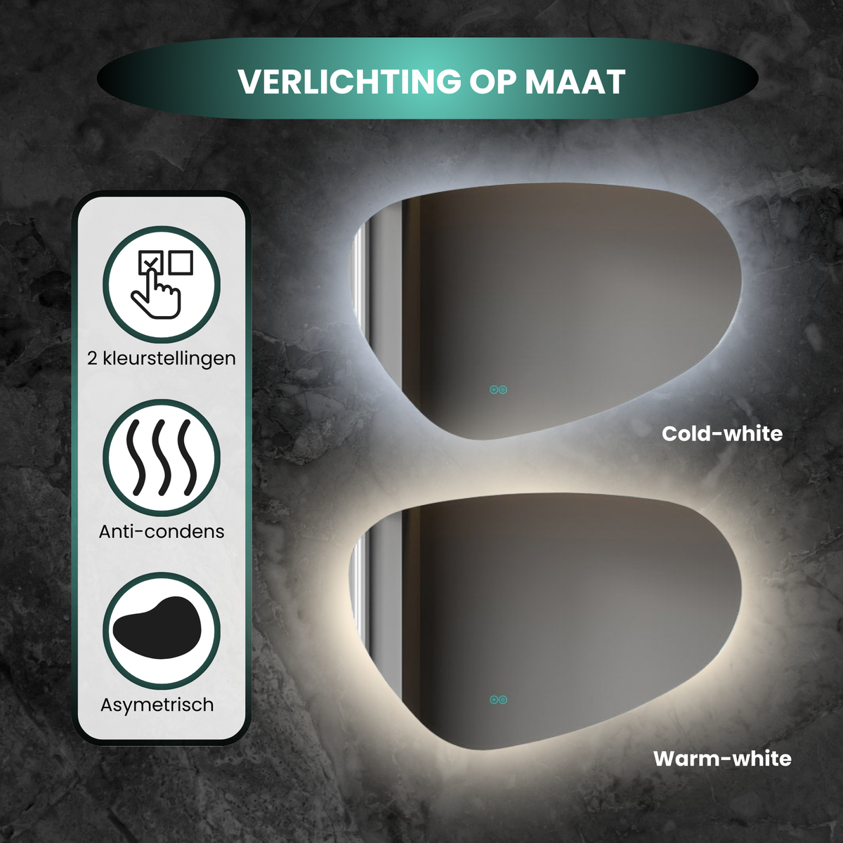 Spiegel asymmetrisch organische led verlichting en anti-condens 120 cm breed en 75 cm hoog