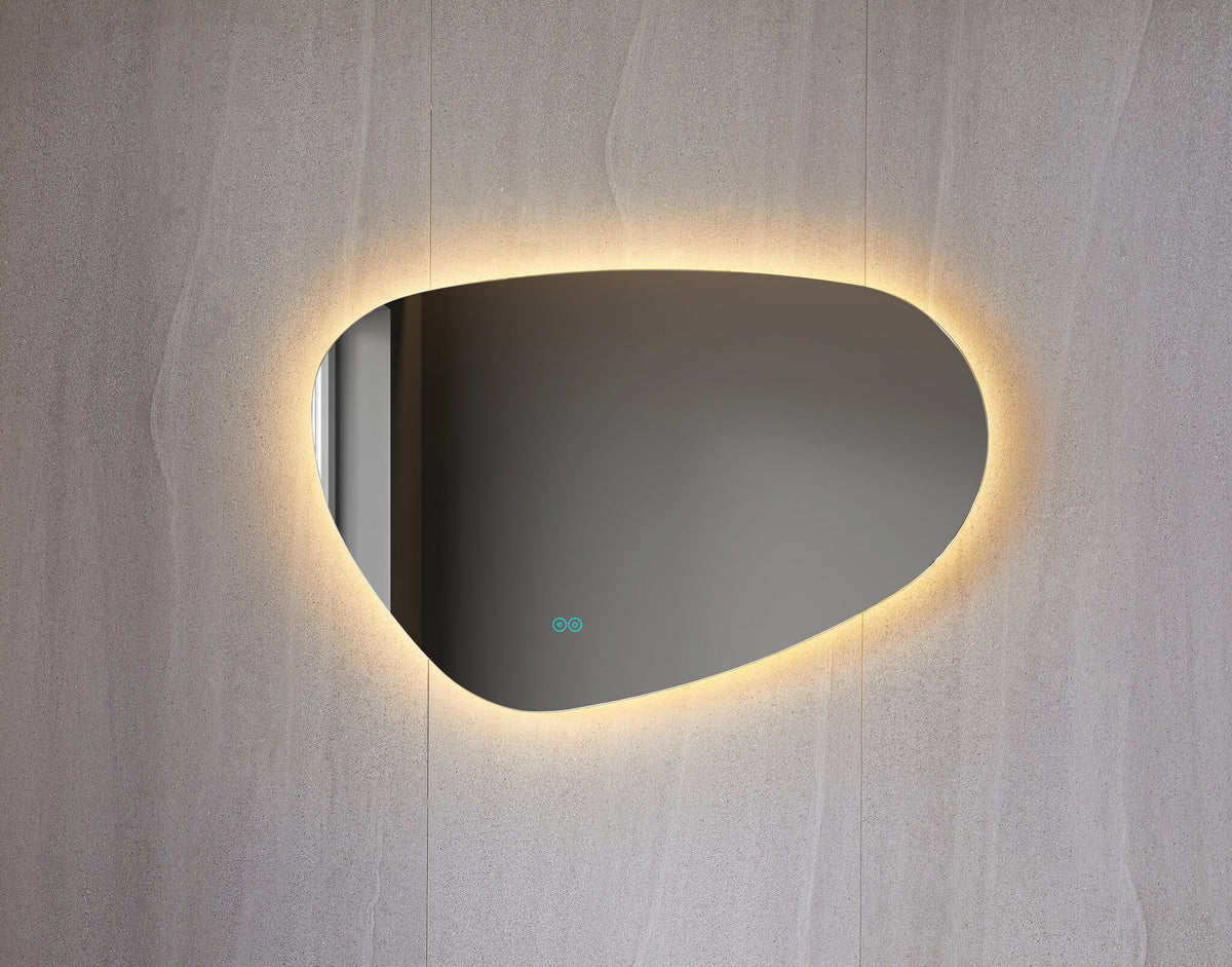 Miroir asymétrique à forme organique, éclairage LED et anti-buée 90 cm de large et 60 cm de haut
