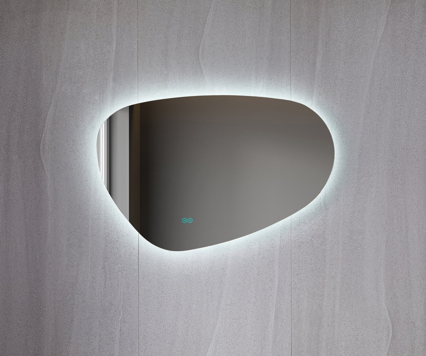 Miroir asymétrique à forme organique, éclairage LED et chauffage anti-buée 140 cm de large et 75 cm de haut