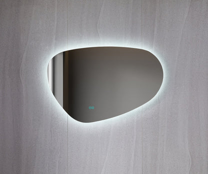 Miroir asymétrique à forme organique, éclairage LED et chauffage anti-buée 140 cm de large et 75 cm de haut