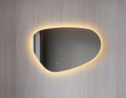 Miroir asymétrique à forme organique, éclairage LED et chauffage anti-buée 140 cm de large et 75 cm de haut