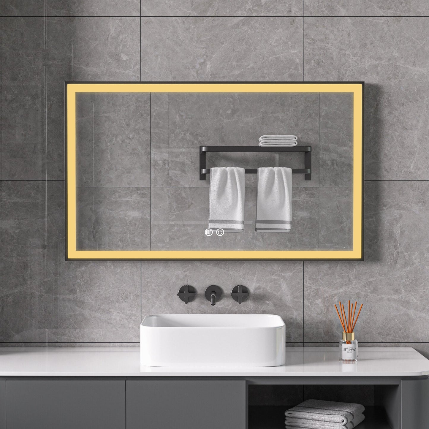 Mirror with black frame, LED, anti-fog, 60 x 100 cm