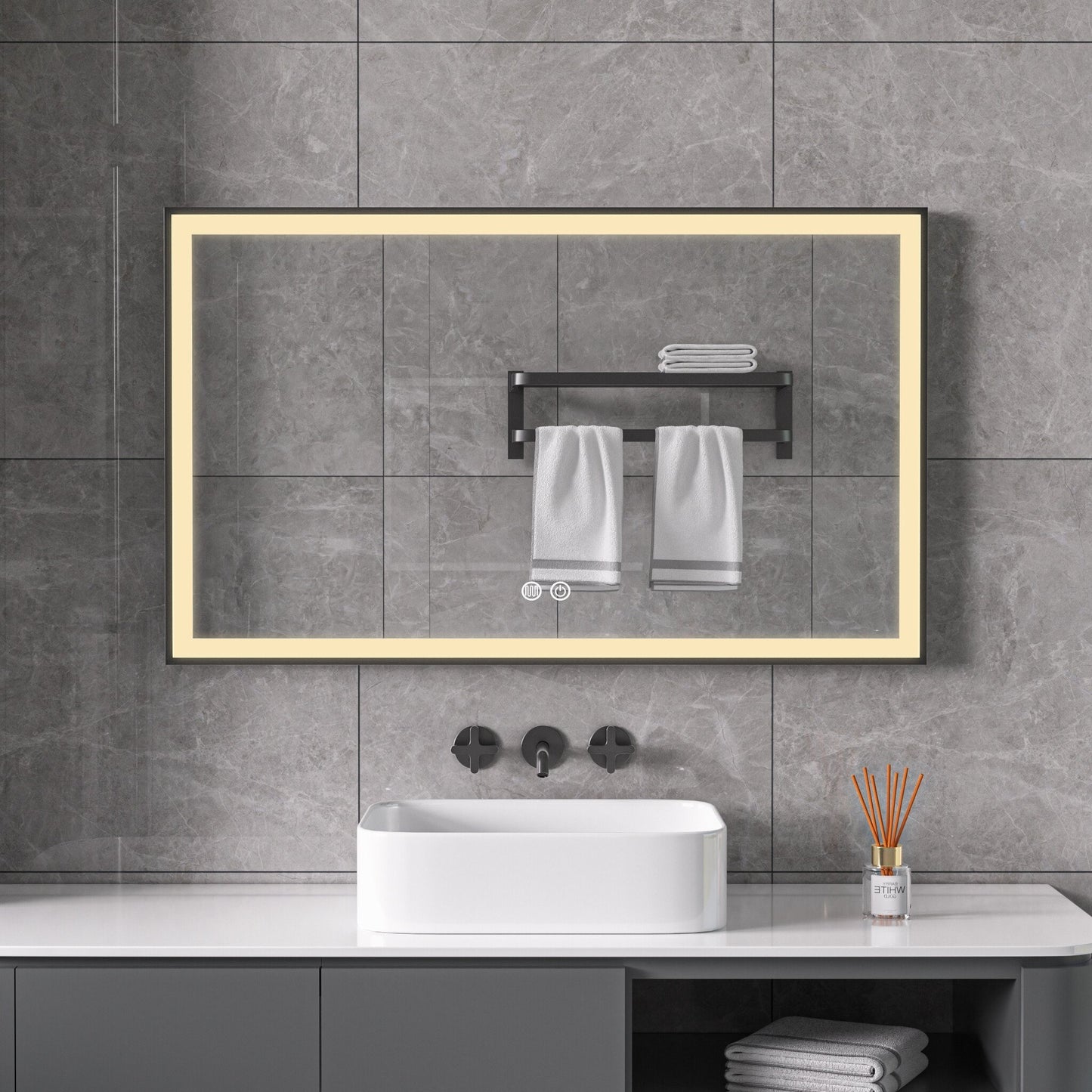 Mirror with black frame, LED, anti-fog, 60 x 100 cm
