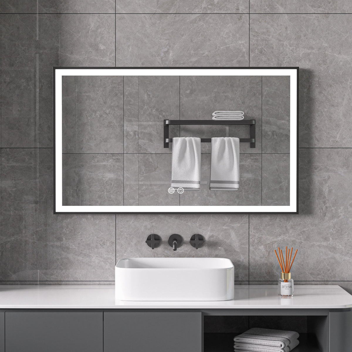 Mirror with black frame, LED, anti-fog, 60 x 100 cm