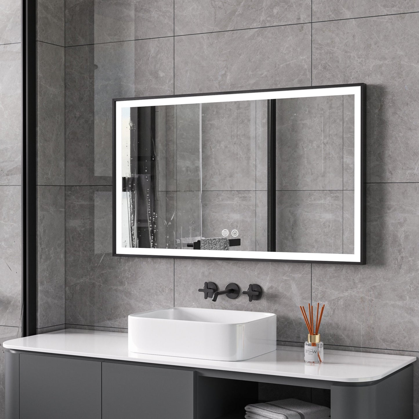 Mirror with black frame, LED, anti-fog, 60 x 100 cm