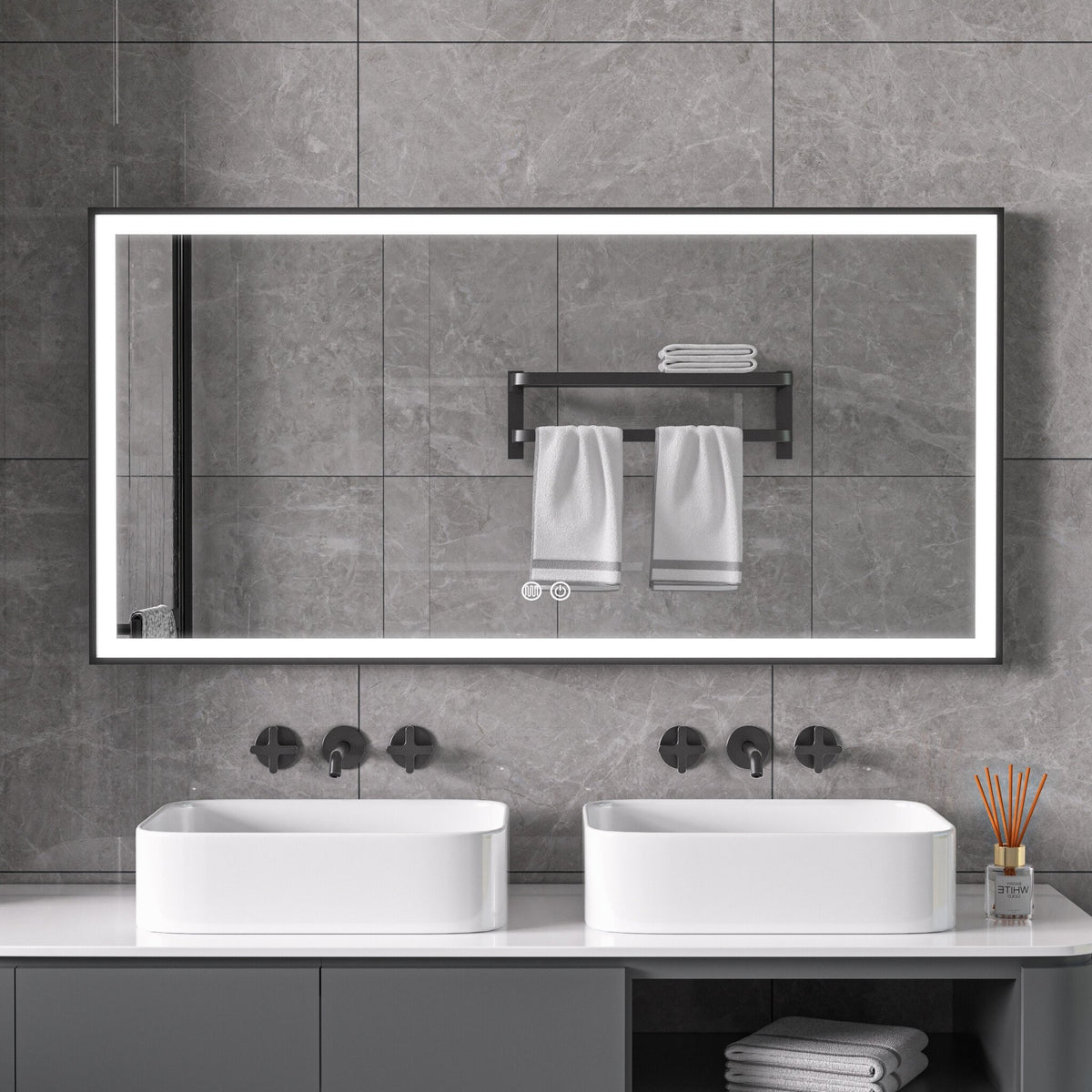 Mirror with black frame, LED, anti-fog, 60 x 120 cm