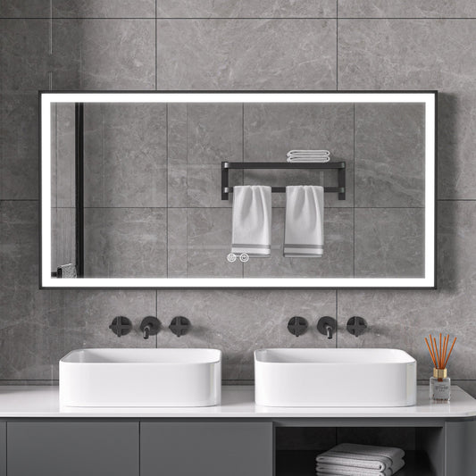 Mirror with black frame, LED, anti-fog, 60 x 120 cm