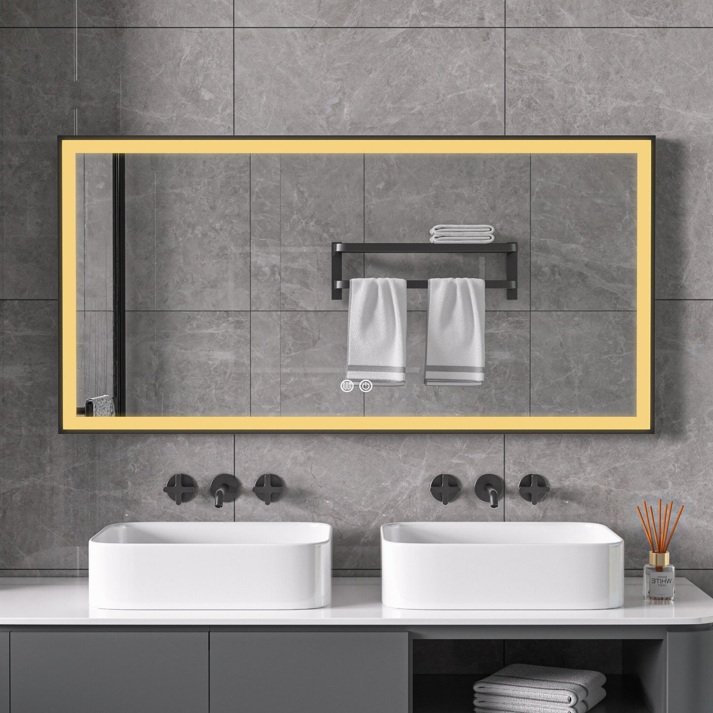 Mirror with black frame, LED, anti-fog, 60 x 120 cm