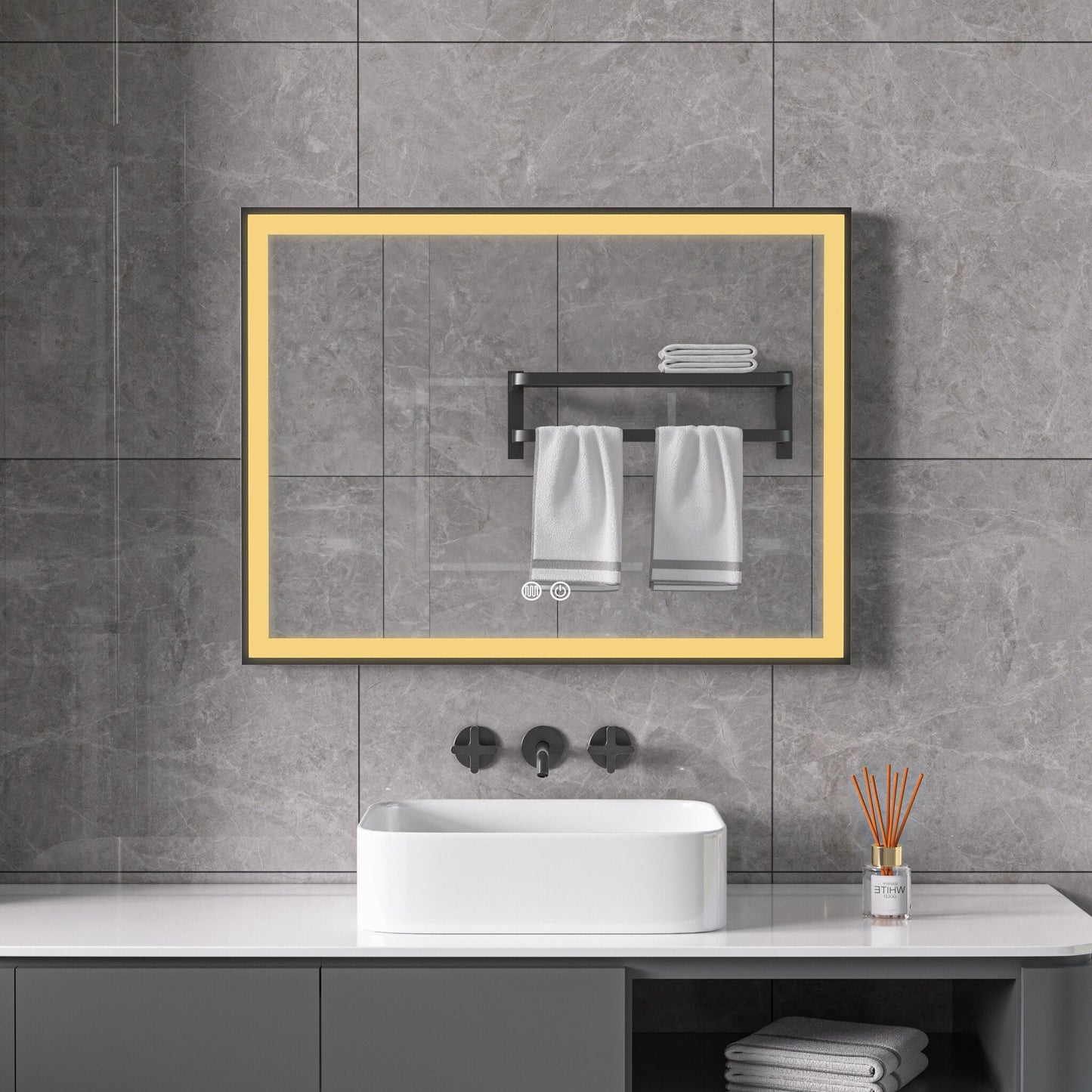 Miroir avec cadre noir, LED, anti-buée 60 x 60 cm