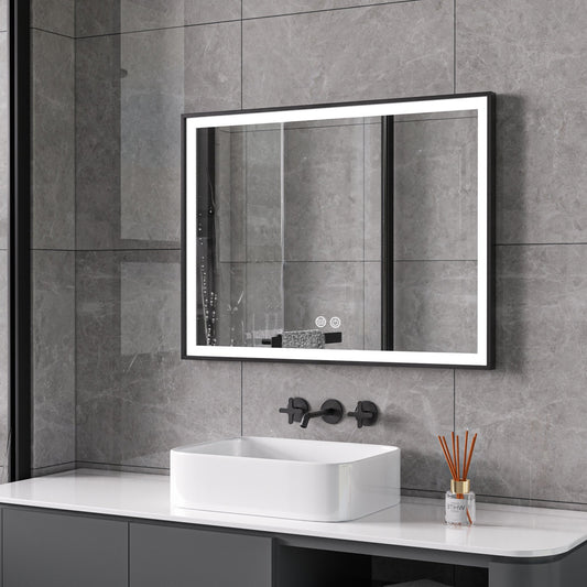 Mirror with black frame, LED, anti-fog, 60 x 60 cm