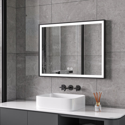 Mirror with black frame, LED, anti-fog, 60 x 80 cm