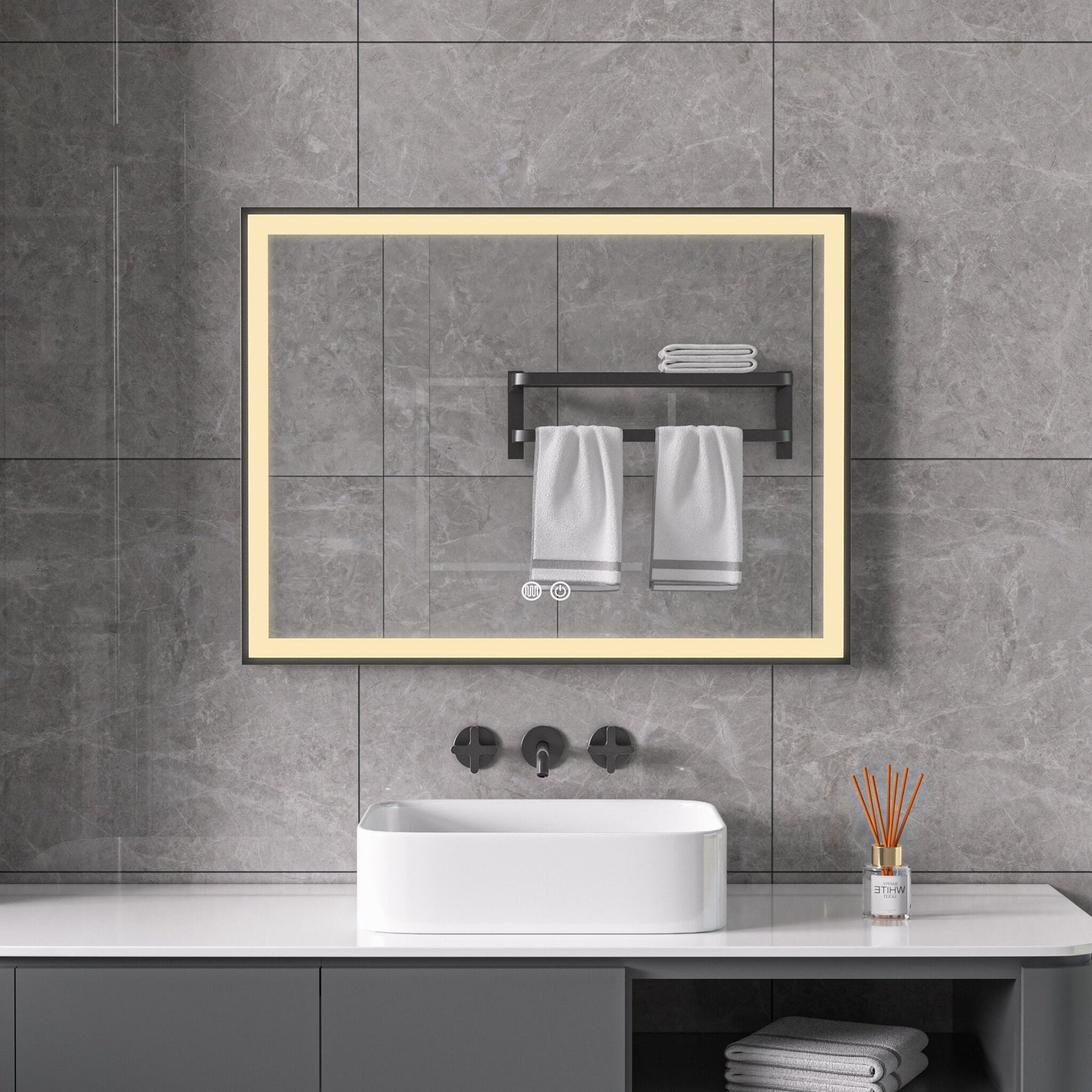 Mirror with black frame, LED, anti-fog, 60 x 80 cm