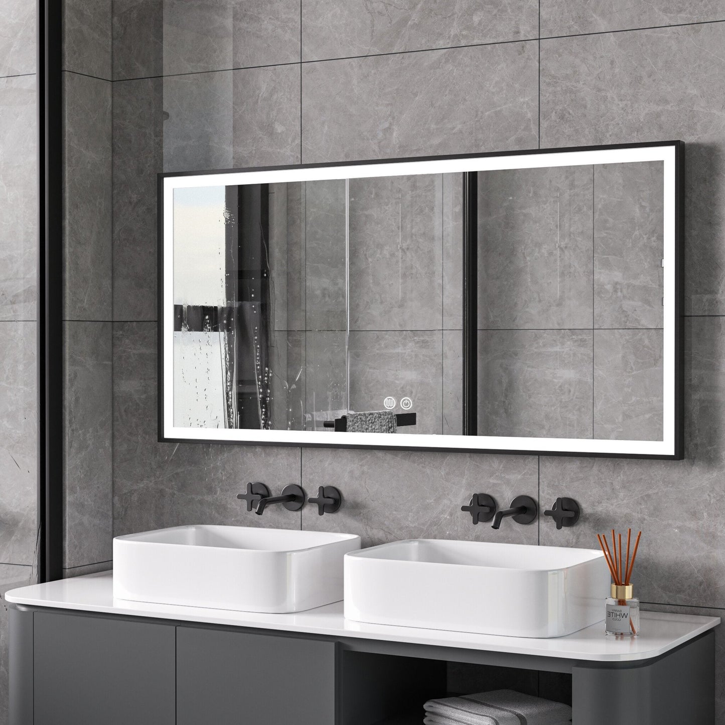 Mirror with black frame, LED, anti-fog, 75 x 125 cm
