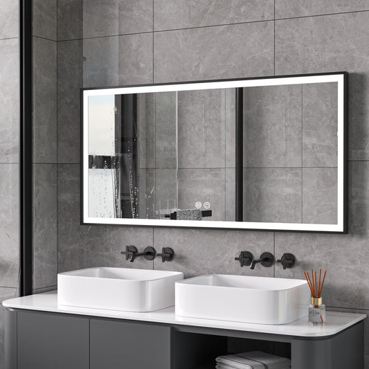 Mirror with black frame, LED, anti-fog, 75 x 125 cm
