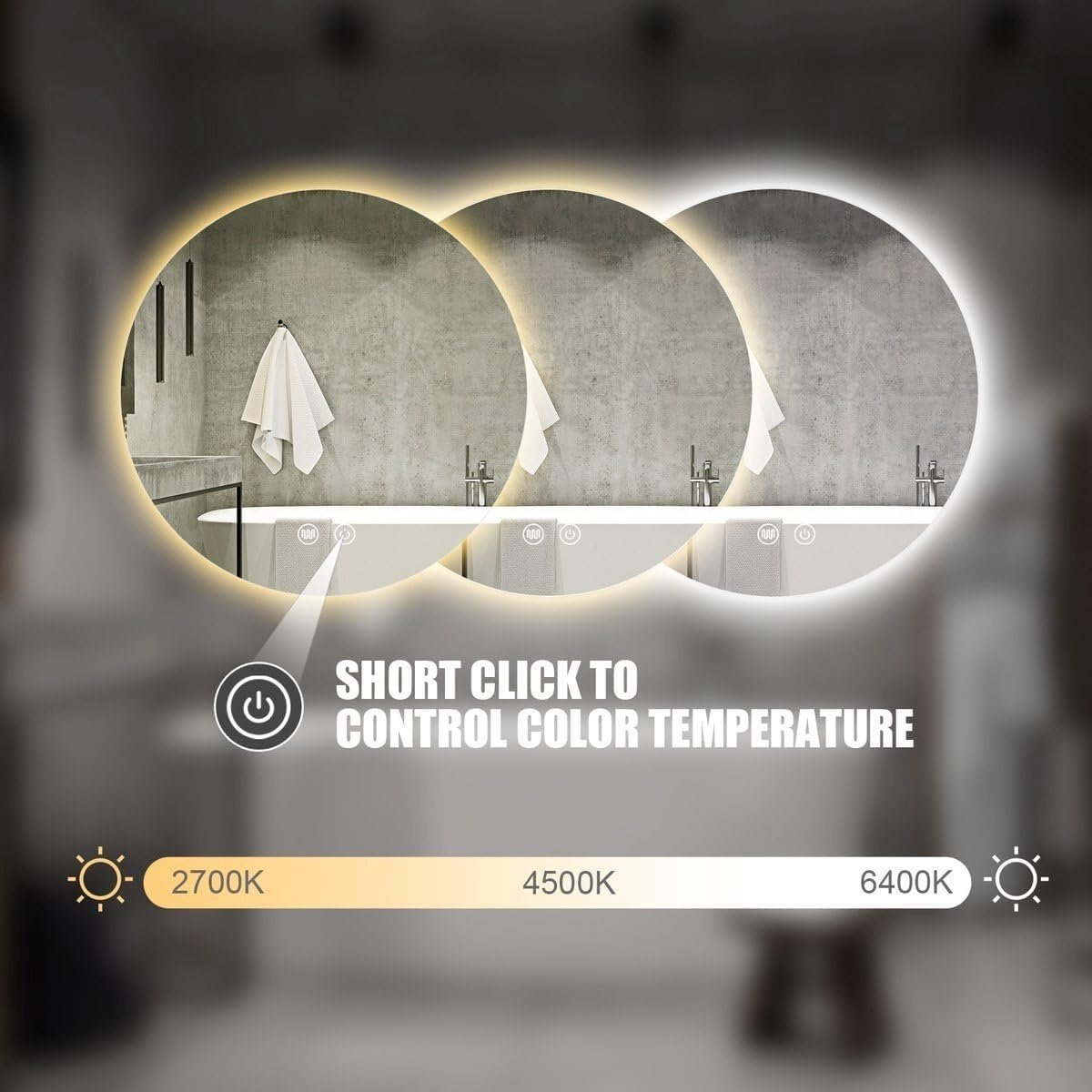 Miroir rond 120 cm sans cadre, éclairage LED périphérique et anti-buée