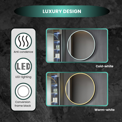 Round mirror 120 cm with black frame, LED lighting and anti-fog function