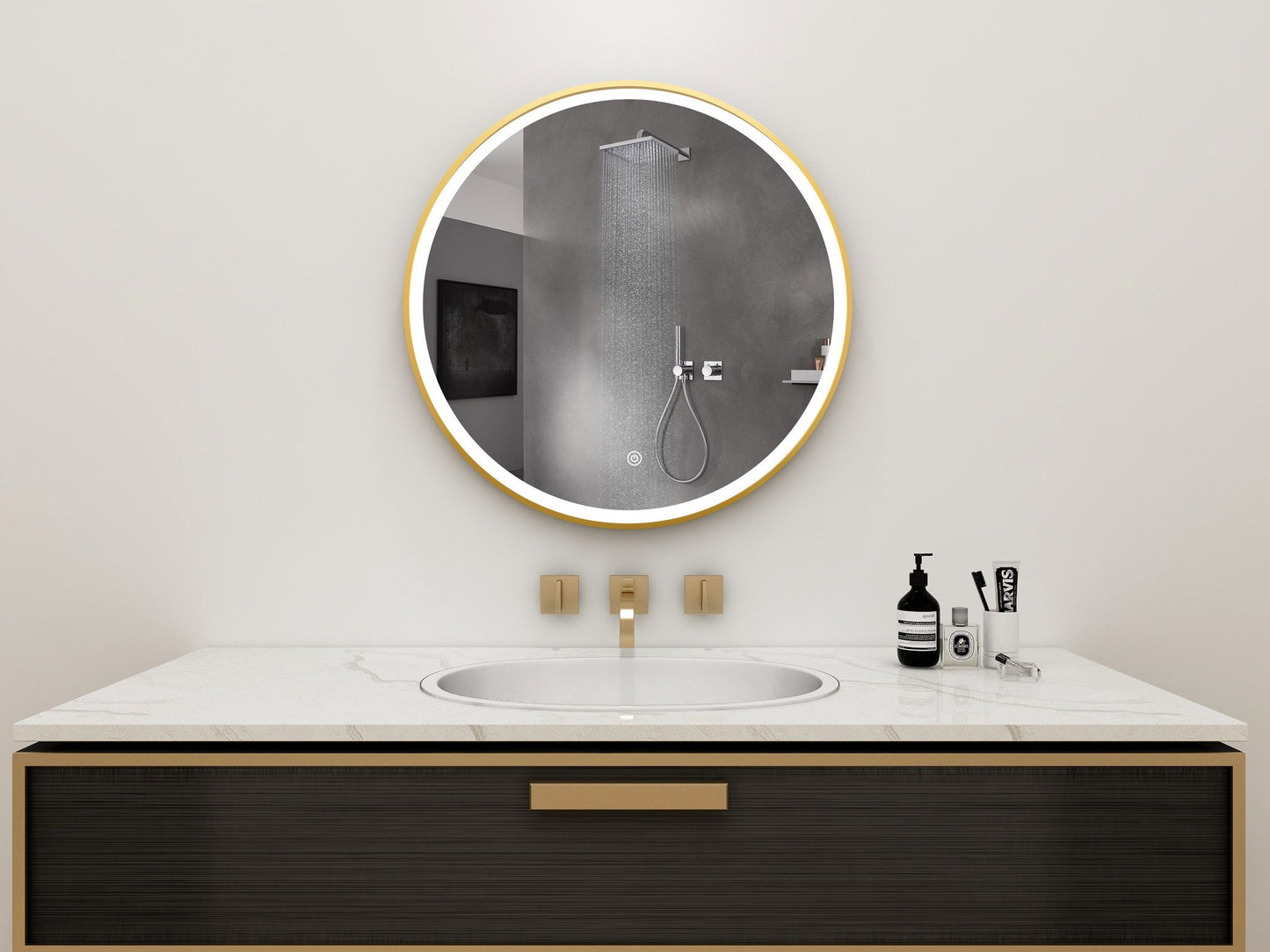 Spiegel rond 60 cm met gouden frame, led verlichting en anti condens